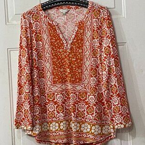 NEW Lucky Brand Sz L Knit Blouse Top 3/4 Sleeve Orange/White Floral Paisley
